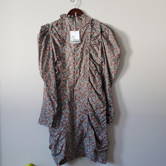 Ganni Puff Sleeve Floral Print Dress Sz 42 Cotton NWT - Picture 3 of 8